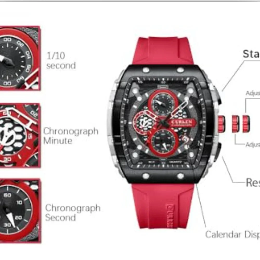 Men's Chronograph Watch with Rubber Strap, Date Window, Water Resistant